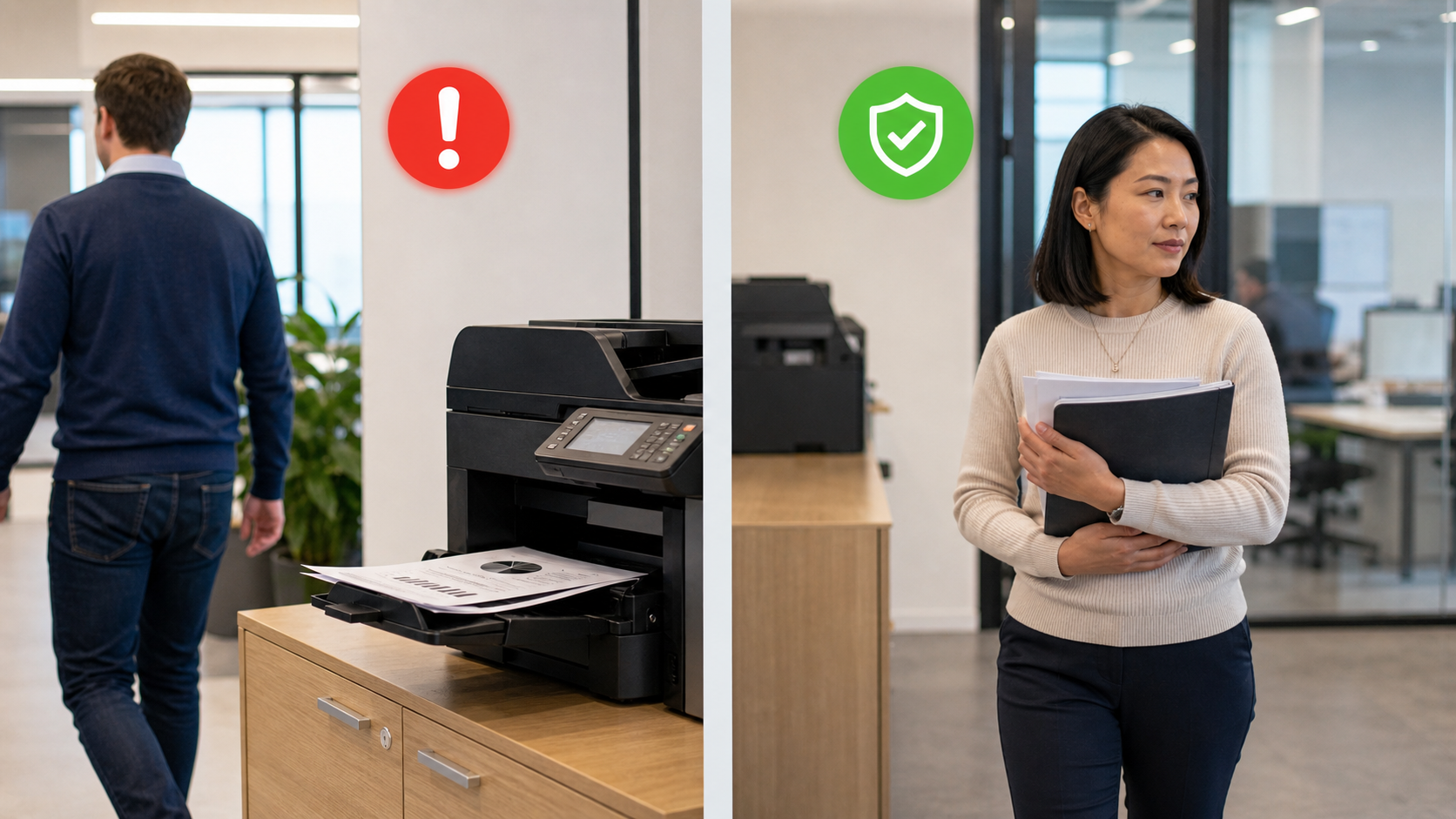 Office printer area showing exposed printed pages on one side and secure document handling on the other.