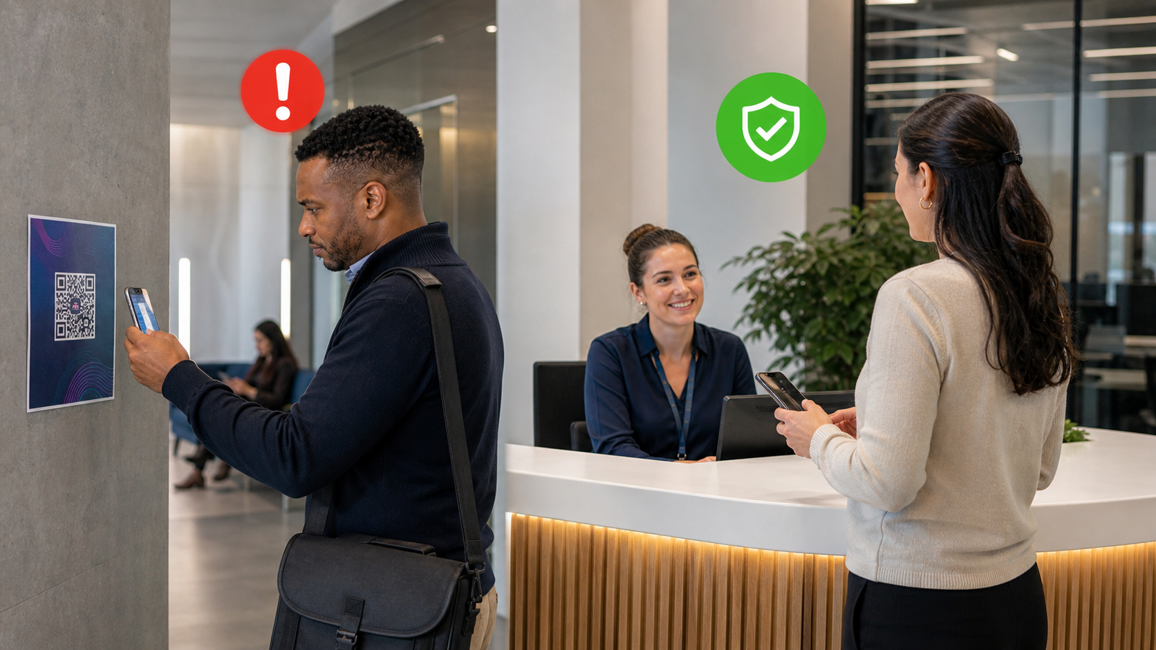 Office reception scene showing a risky QR-code scan contrasted with a safer check-in behaviour.