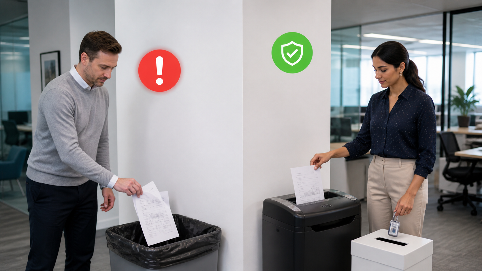 Office scene showing insecure disposal of paperwork in a general bin contrasted with proper secure shredding or confidential disposal.